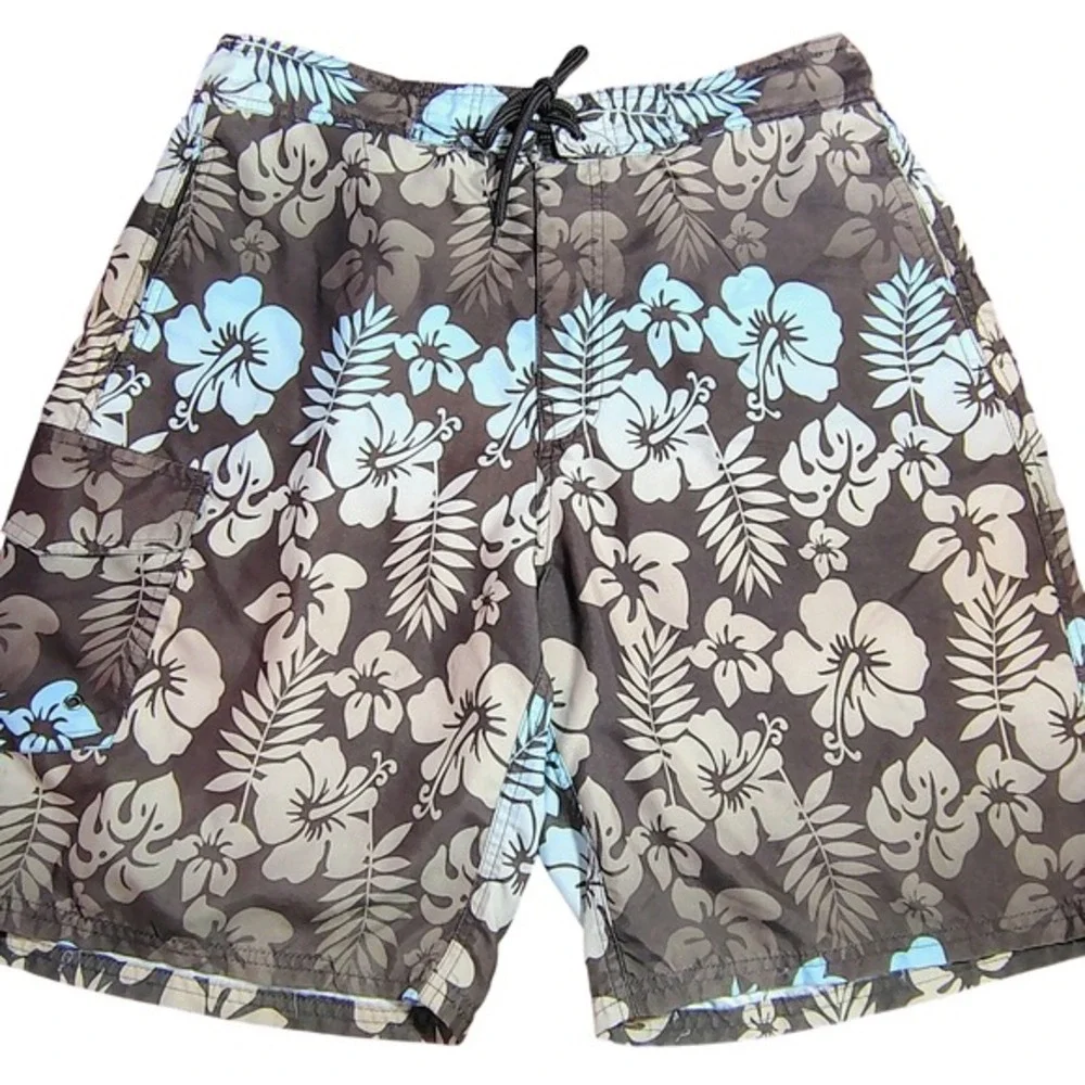 Joe Boxer Men's Hawaiian Floral Swim Trunks Shorts L G Brown Blue pool‎ beach